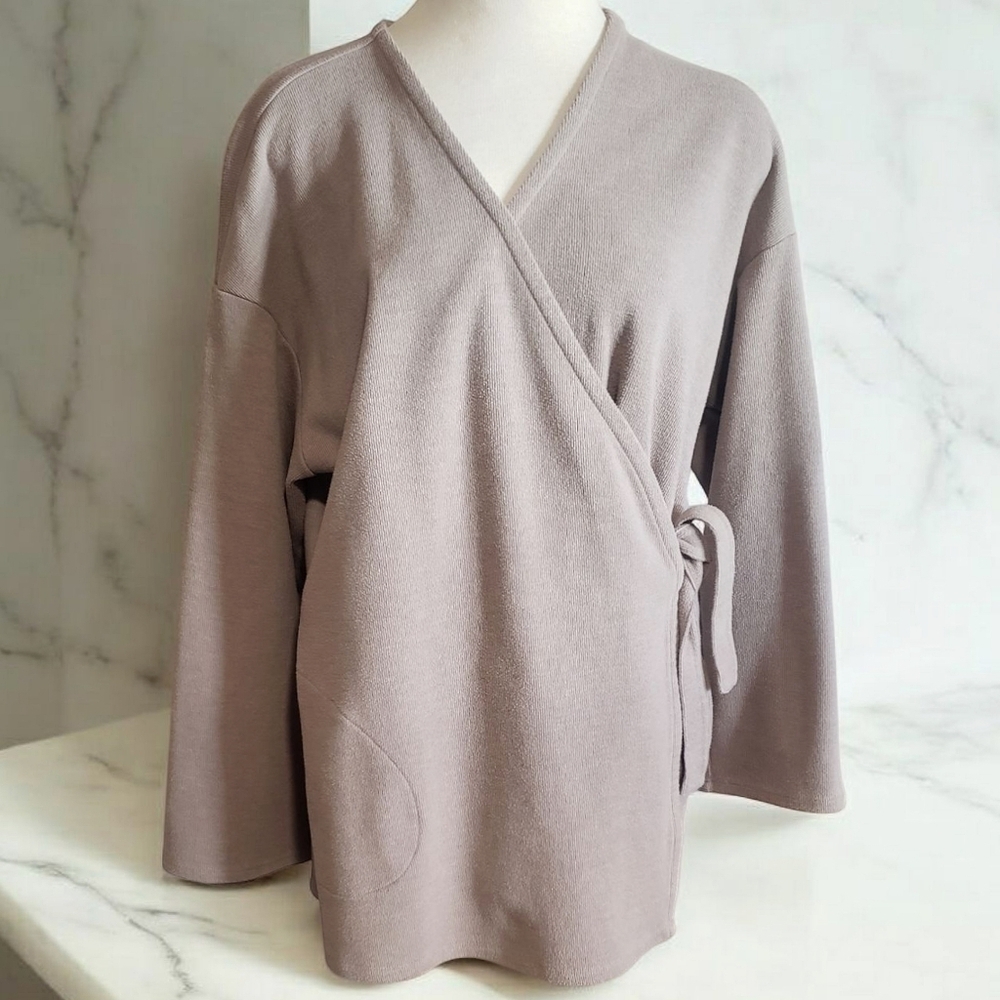 J. Jill Cardigan Brown Womens Tan L Classic Cross Over Wrap Lagenlook Sweater